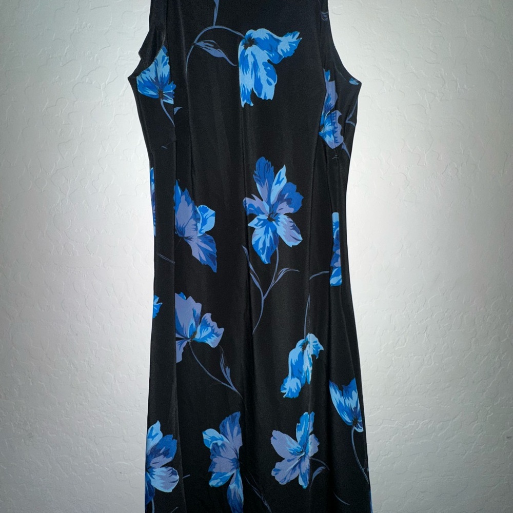 Chic Black Maxi Dress with Blue Floral Design